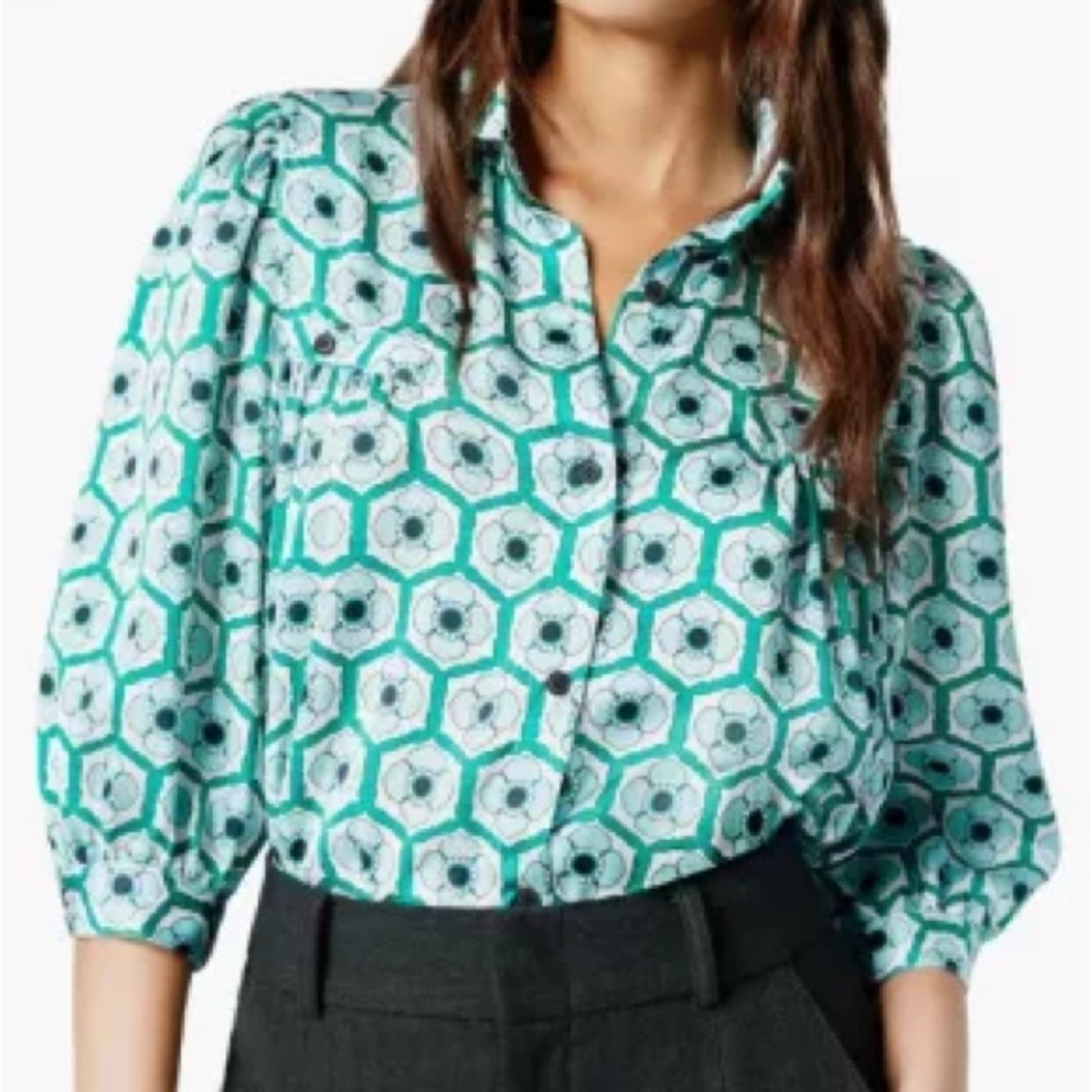 Smythe Teal and White Geometric Button Down Shirt, XS
